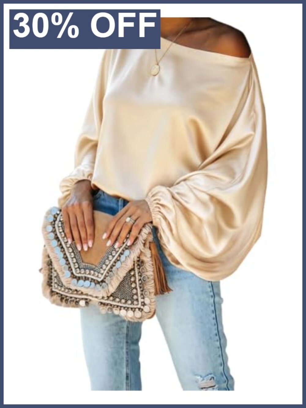 Satin Off Shoulder Top Skew Neck Lantern Sleeve Blouse